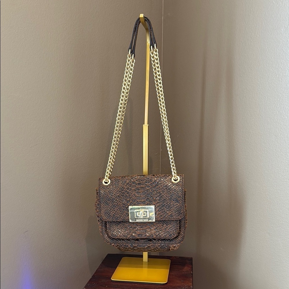 MICHAEL KORS Brown Python Snakeskin & Gold Chain Crossbody Shoulder Bag